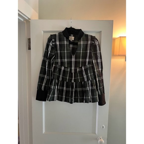 Tuckernuck Green Tartan Blouse Split Neck Ruffle Long Sleeve Top Size S - Picture 2 of 4